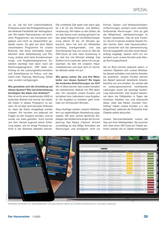 „Der Hausmeister“ 1/2023, Seite 39: Nutzer-Interview mit Timo Straub zur iPM-Cloud
